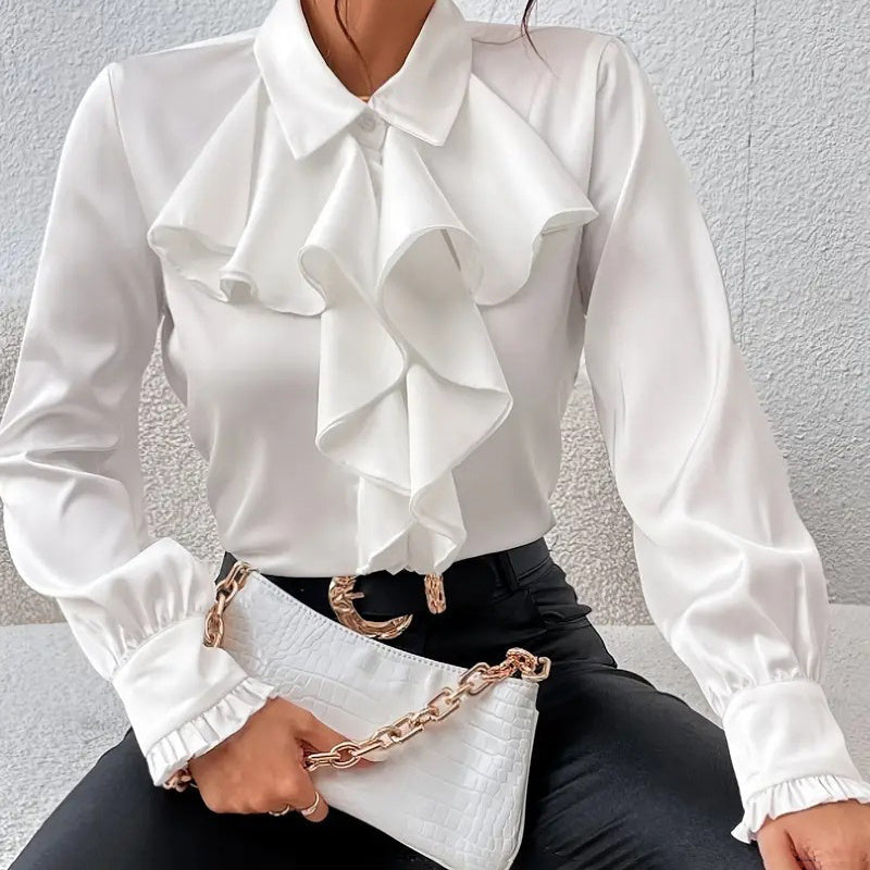 Women's Ruffled Collared Blouse, Long Sleeve Dressy Casual Shirt, Fall Business Casual Work Tops CJ US