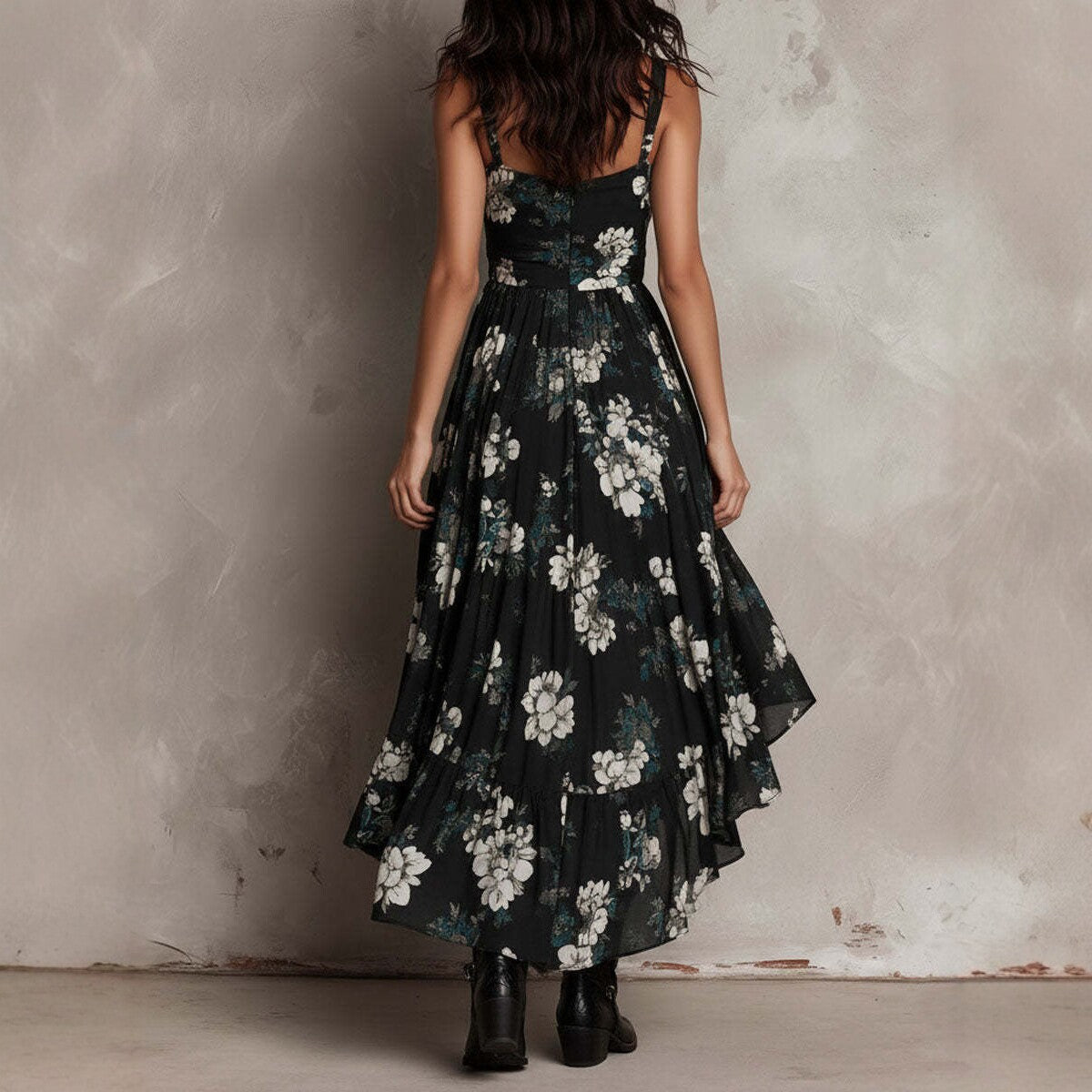 New style printed camisole dress for women, V-neck, waist cinched, high slit long skirt, fashionable vacation dress 