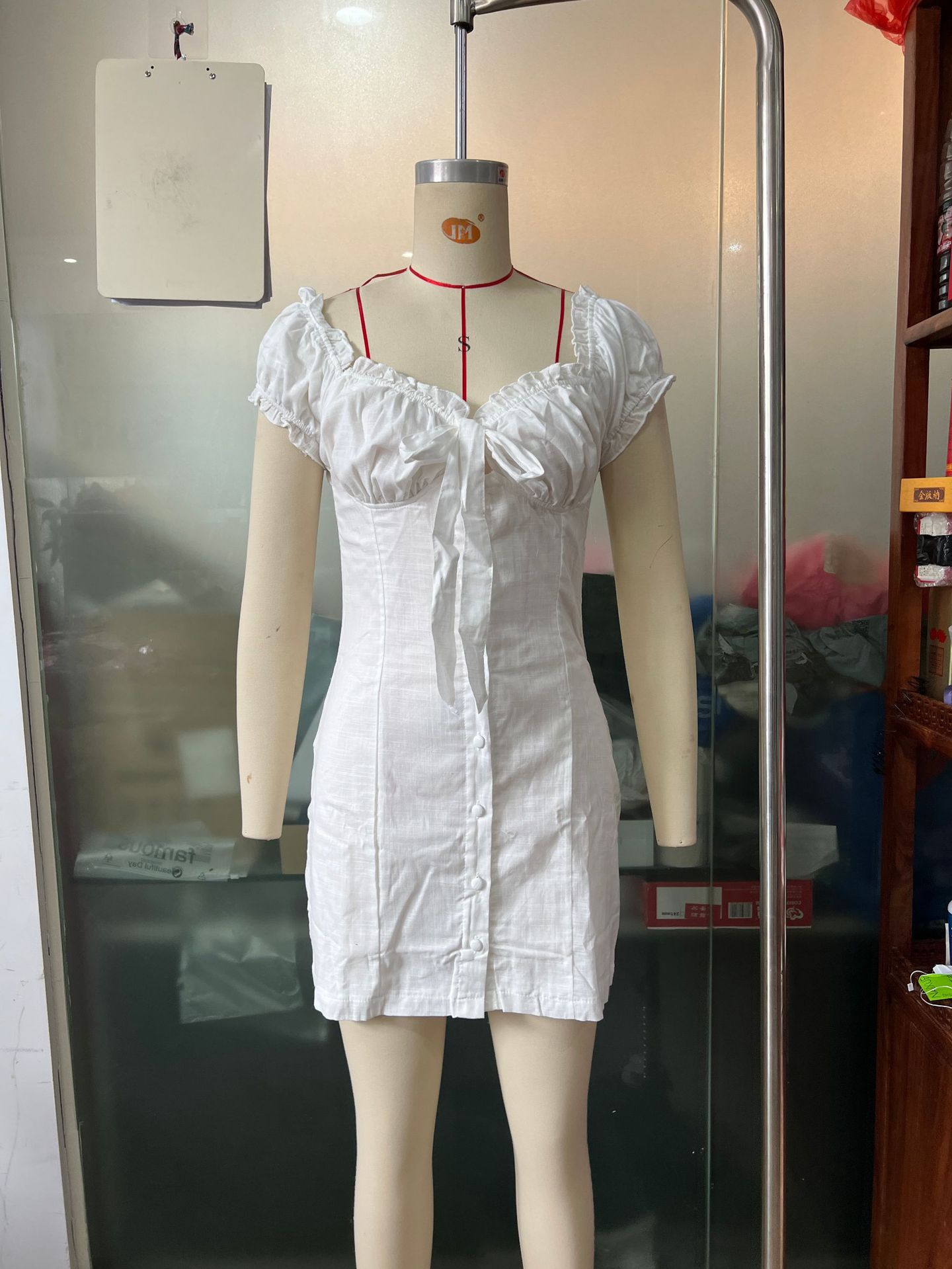 New Cotton-Linen Single-Breasted Off-Shoulder Lace-Up Puff-Sleeve Sheath Dress 