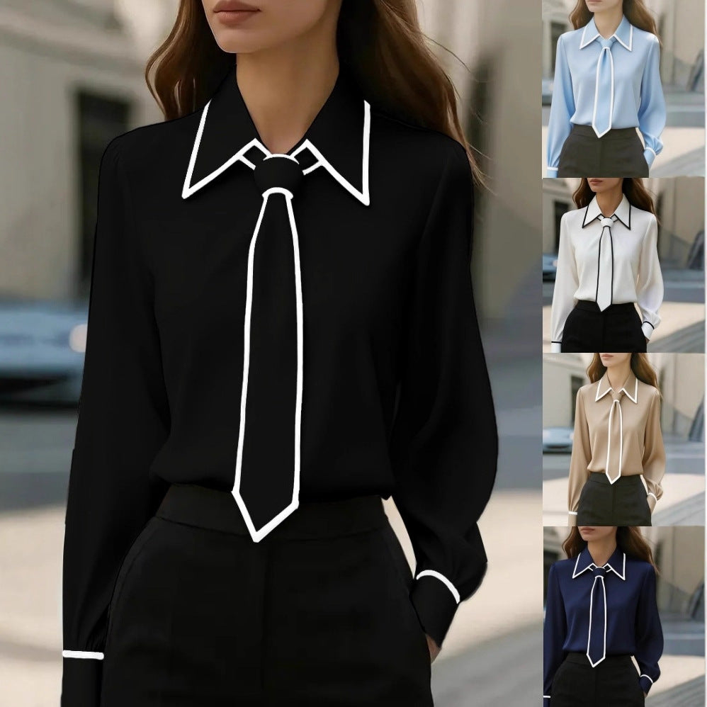 Autumn Fashion Solid Color Commute Tie Design Long Sleeve Shirt Women's Clothing 