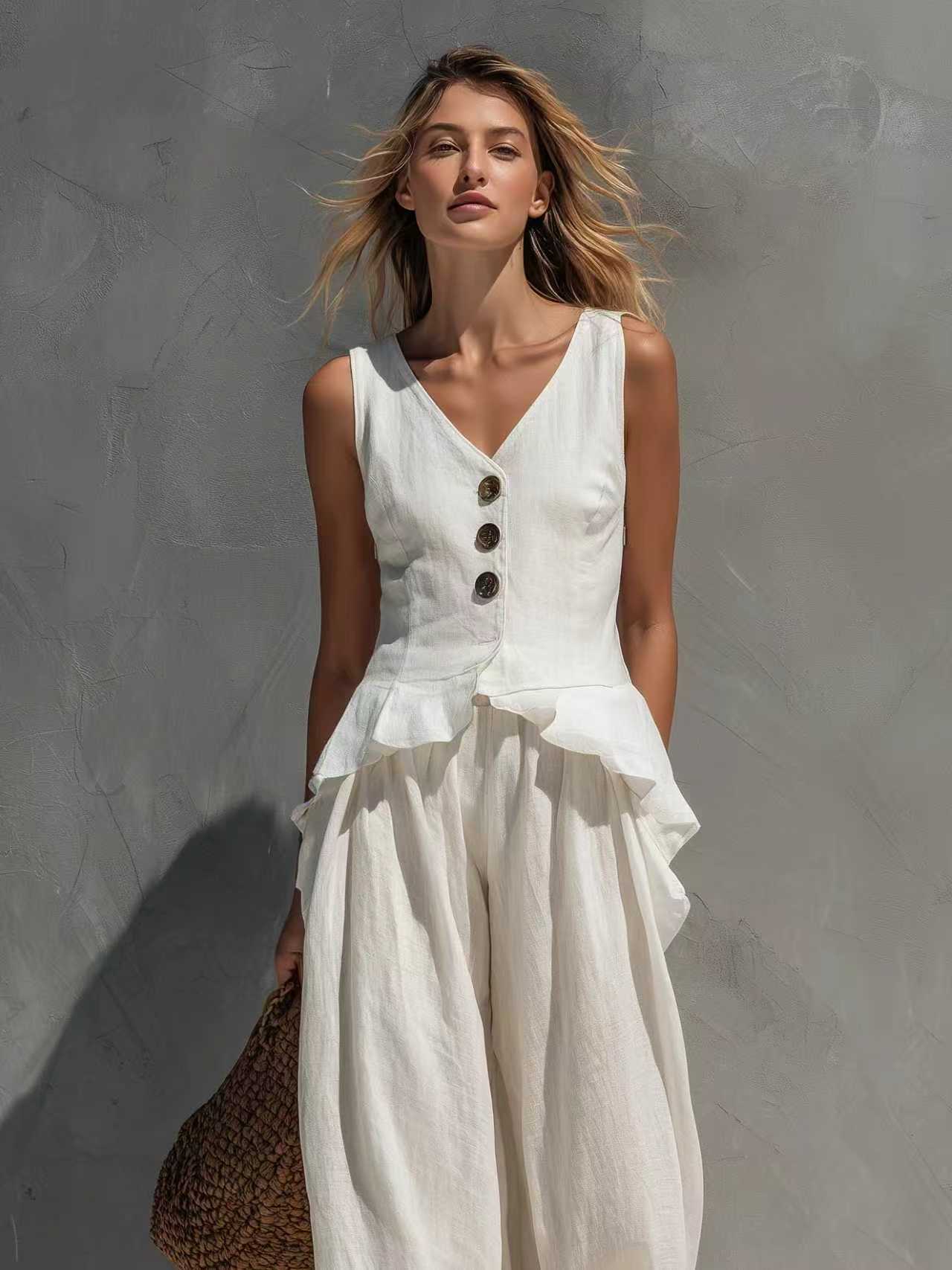 Sweatshirt-style Casual Sleeveless Top And Wide-leg Pants Two-piece Set 