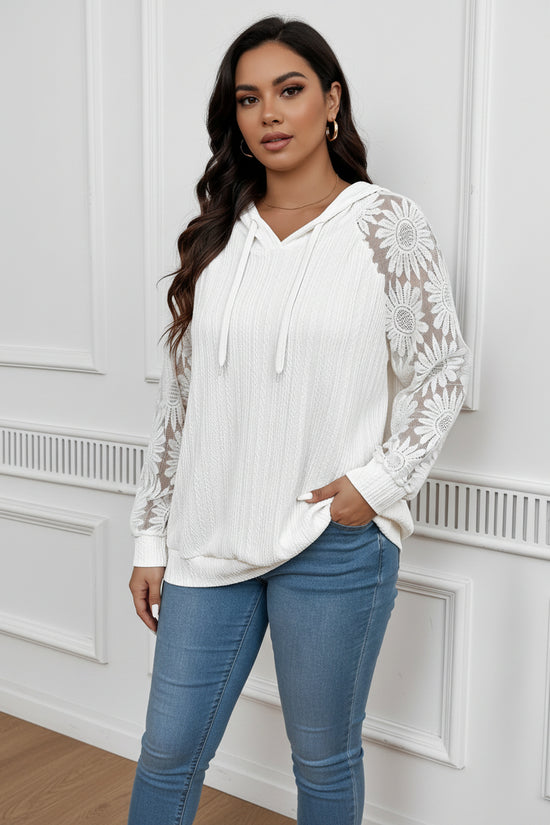 European And American-style Round-neck Hollow-out Pullover With Lace Paneling And Long Sleeves 