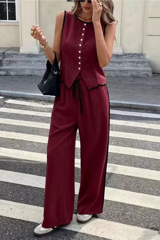 Women's Contrast Color Sleeveless Single-breasted Vest And Drawstring Trousers Suit 
