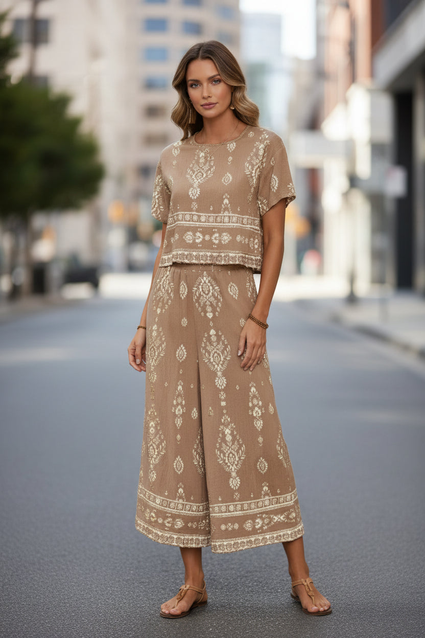 Women's Contrast-Colored Ethnic-Style Printed Set 
