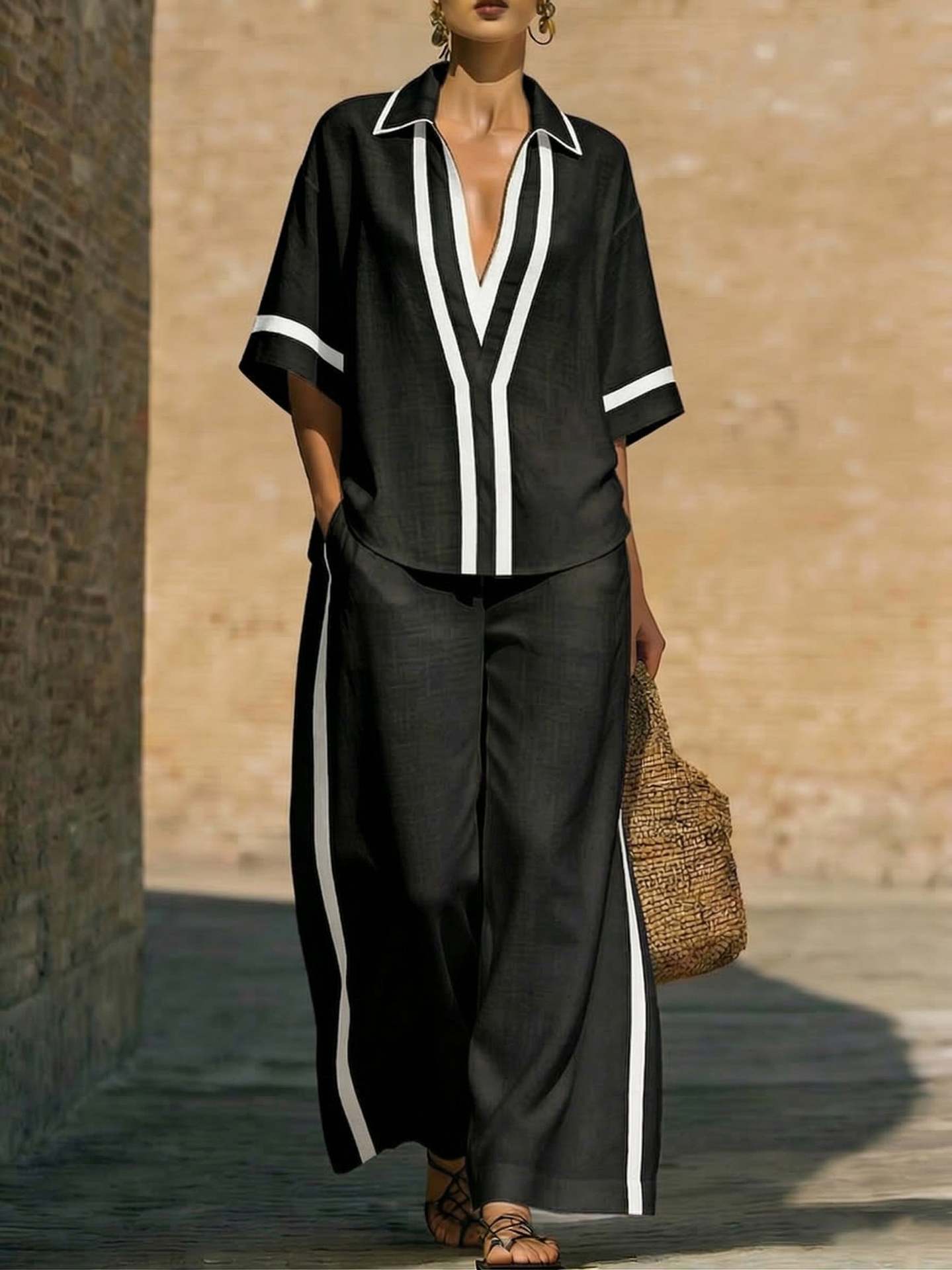 Fashionable Loose Casual Color-Block Short-Sleeve Shirt And Wide-Leg Pants Two-Piece Set 