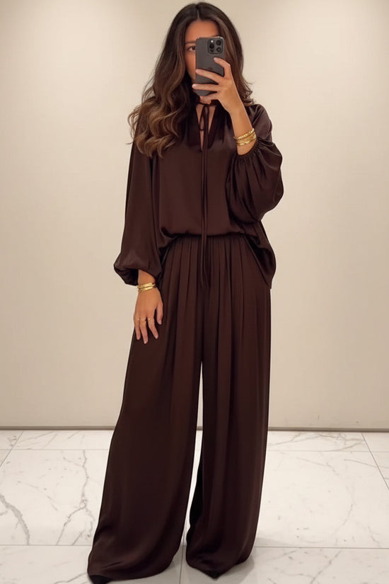 Solid color V-neck lace up loose pants set for women 