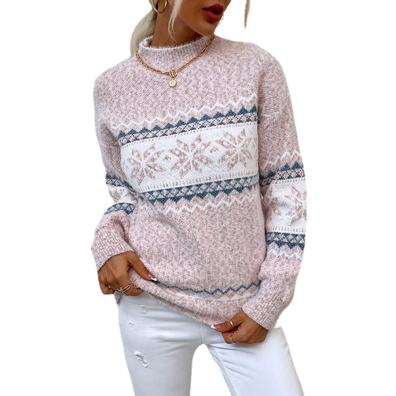 Winter Snowflake Sweater Fashion Half Turtleneck Pullover Knitted Tops Women's Christmas Clothing 