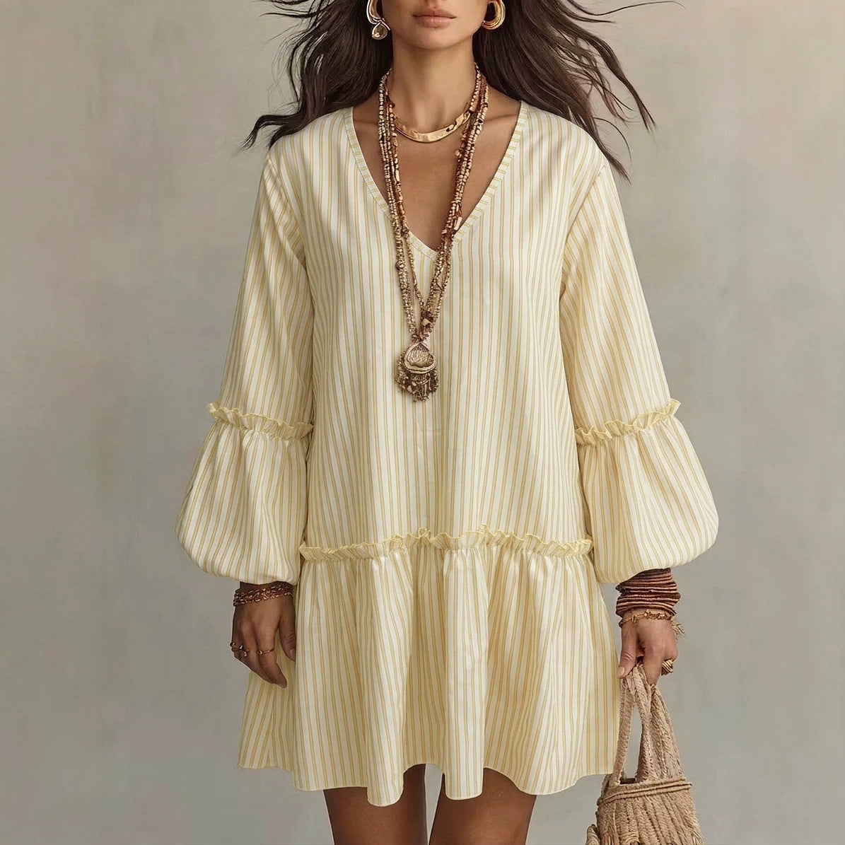 Style Autumn New Women's Long Sleeve Dress Stripe Print V-Neck Lantern Sleeve Loose Mini Dress 