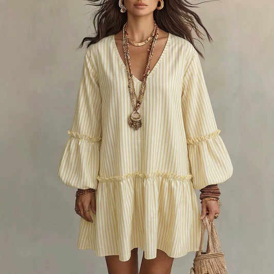 Style Autumn New Women's Long Sleeve Dress Stripe Print V-Neck Lantern Sleeve Loose Mini Dress 