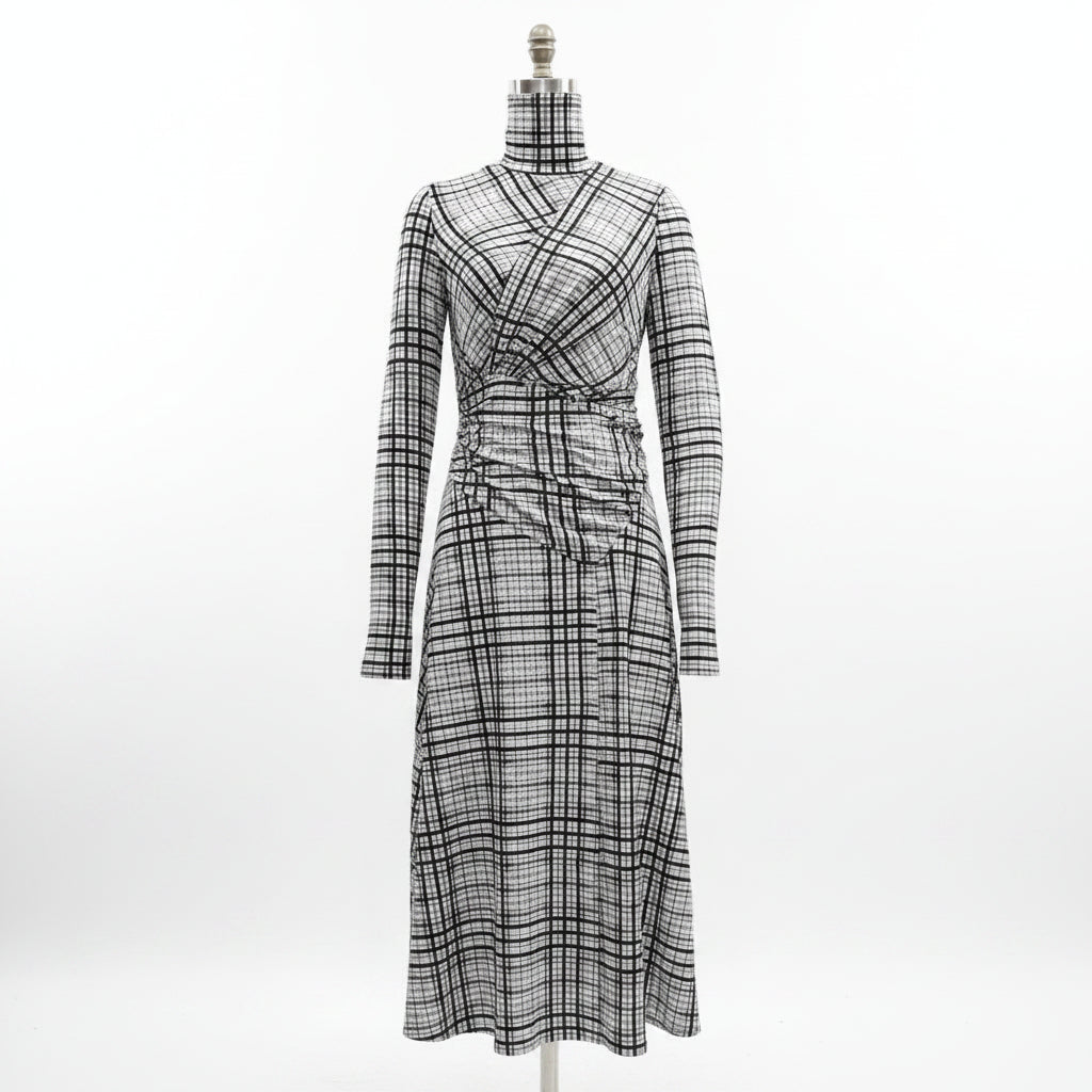 Stand up collar long sleeved plaid pleated dress 