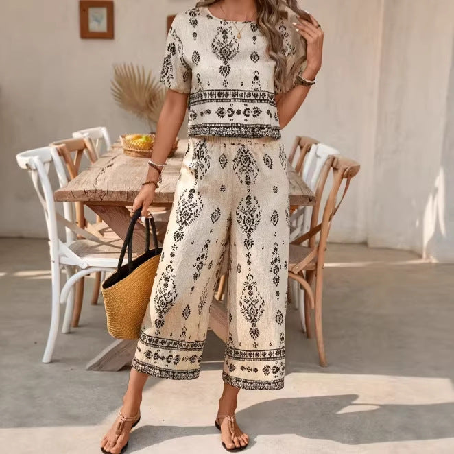 Women's Contrast-Colored Ethnic-Style Printed Set 
