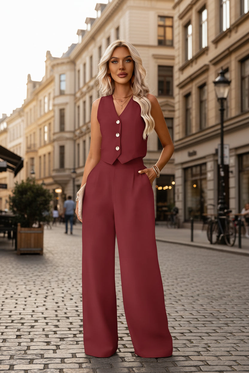 Womens Fashion Plus-Size Buttoned Vest Set 