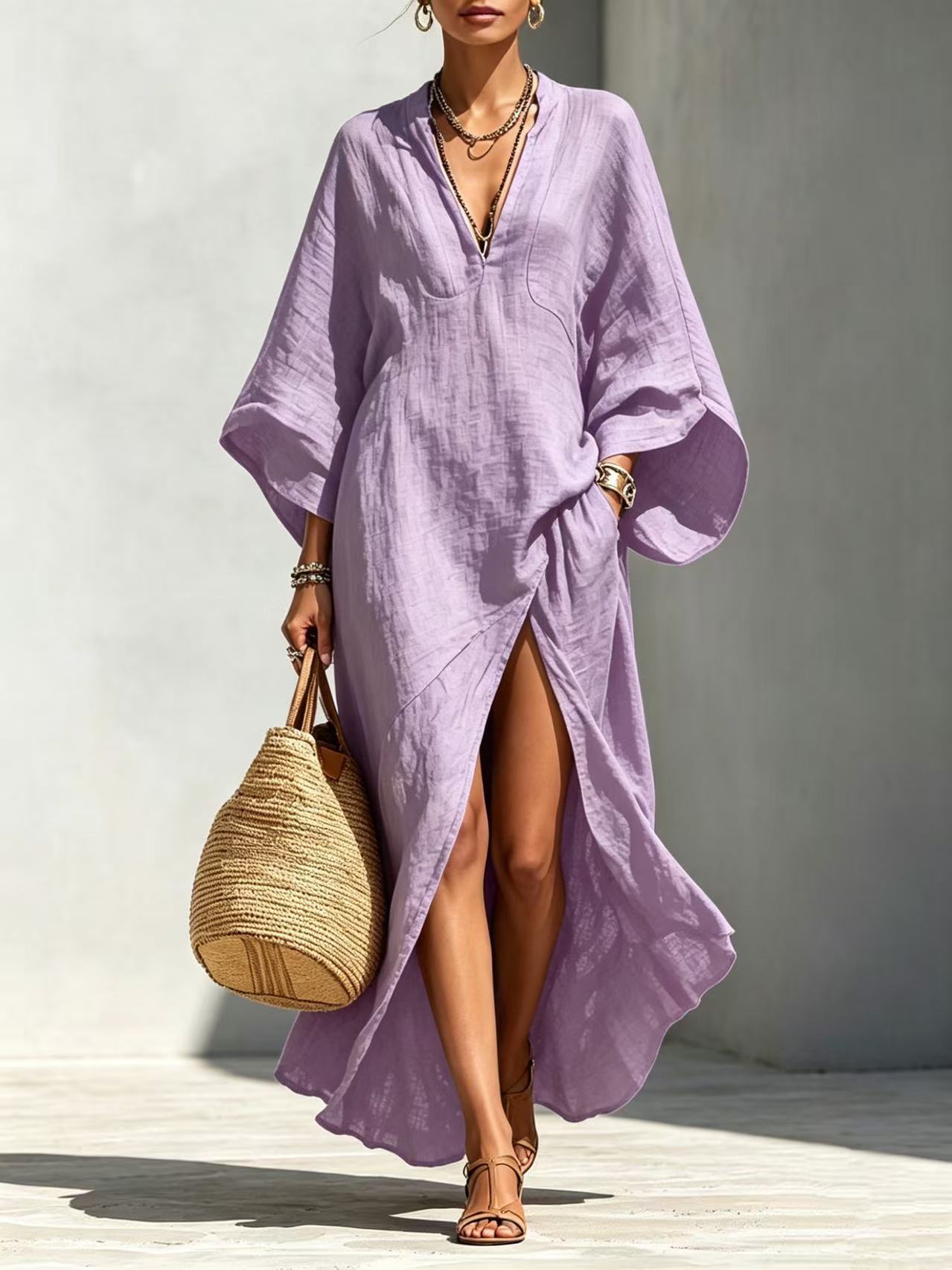 Batwing-sleeve Loose-fitting Maxi-length Resort Dress 