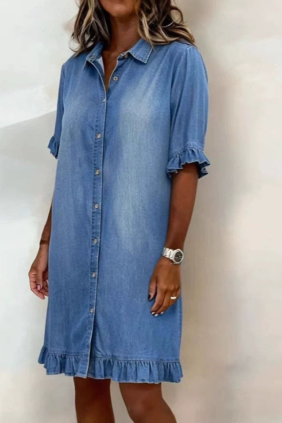 Solid-color Faux Denim Ruffled-edge Shirt Dress 