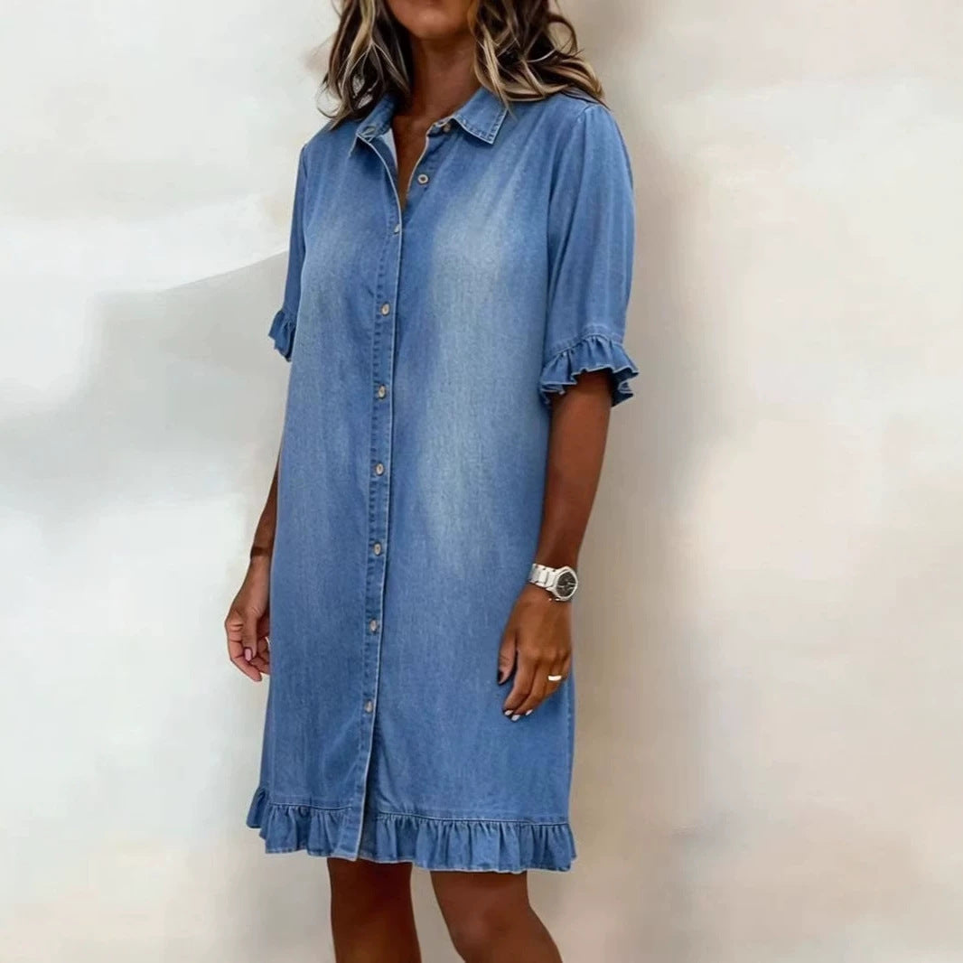 Solid-color Faux Denim Ruffled-edge Shirt Dress 