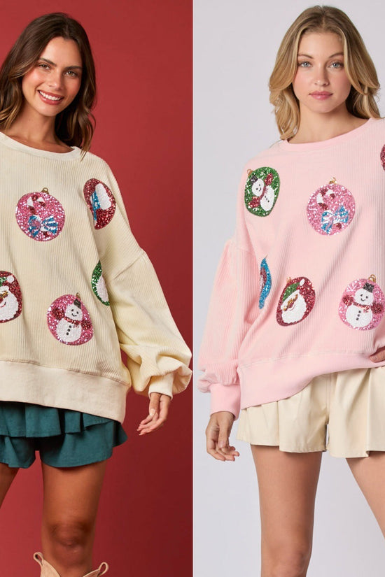 Women's Christmas Egg Sequined Long Sleeve Loose Sweatshirt Top CJ