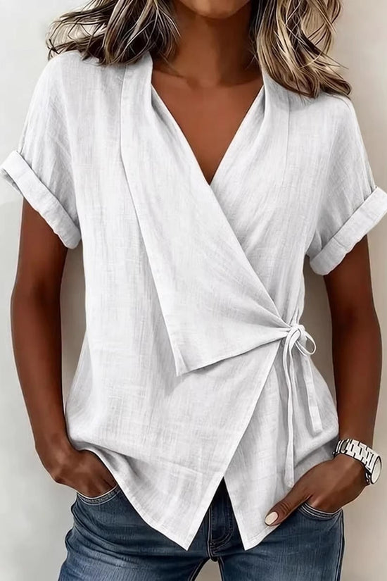 Women's Casual Lapel Collar Lace-Up Short-Sleeve Top 