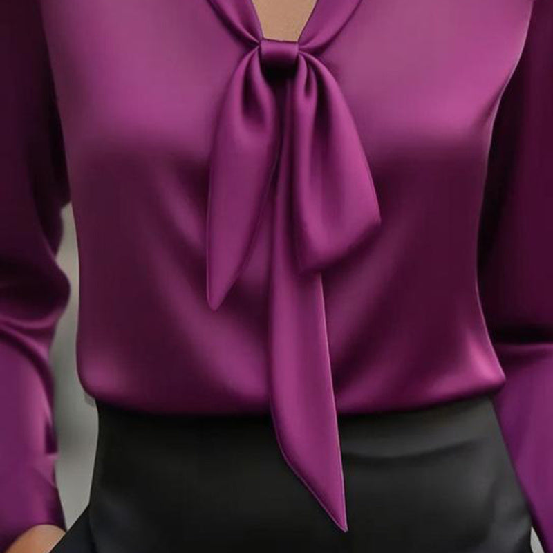 Elegant Satin Ribbon Blouse — Long Sleeve Button-Down Work Shirt CJ US