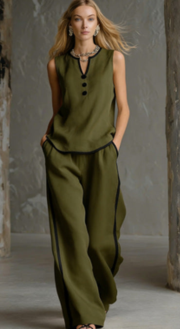 Sleeveless V-Neck Black Trim Contrast Color Simple Womens Top And Wide-Leg Pants Set 