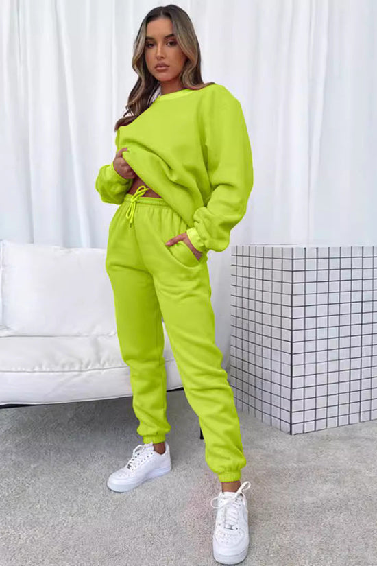 👚 Women's Solid Color Round Neck Pullover Sweatshirt & Pants Set FitiqueFit