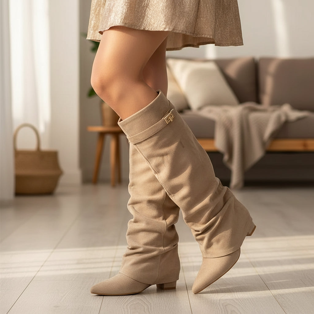 Pointed Toe Straight Tube Pleated Metal Buckle Mid-Calf Boots for Women, Chunky Heel Pipe Boots, Wide Size Available 