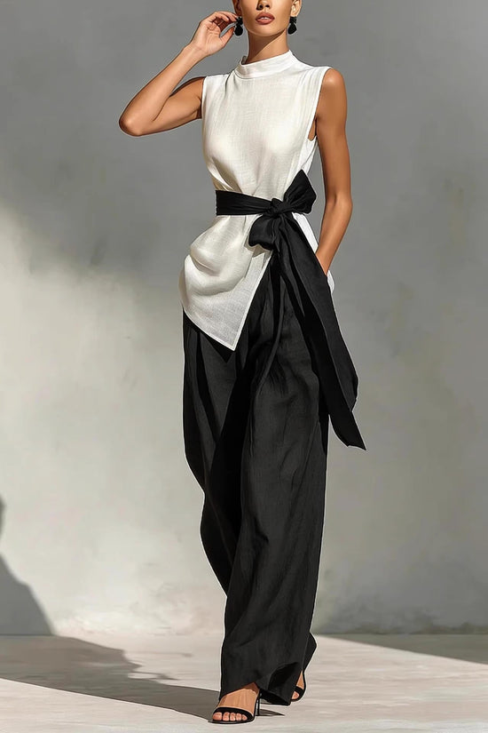 Two piece set of lace up sleeveless top and wide leg pants 