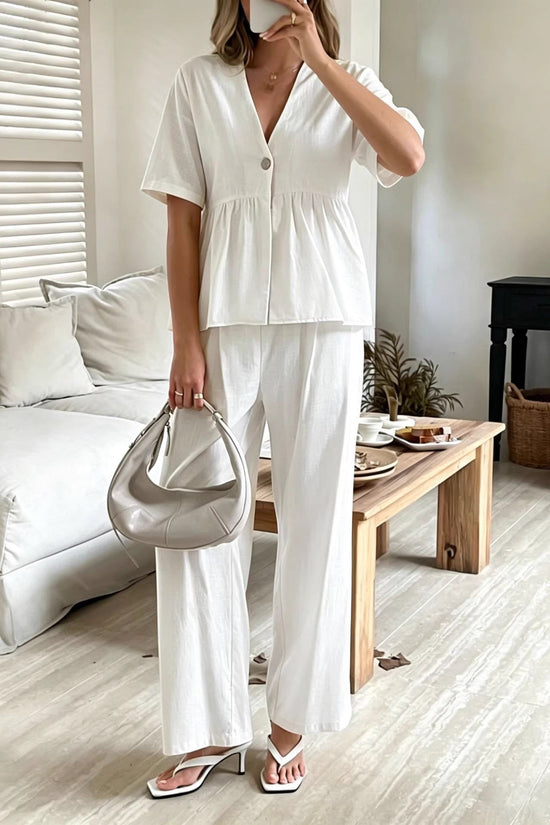 V-neck Loose-fit Short-sleeve Top And Wide-leg Pants Two-piece Set 