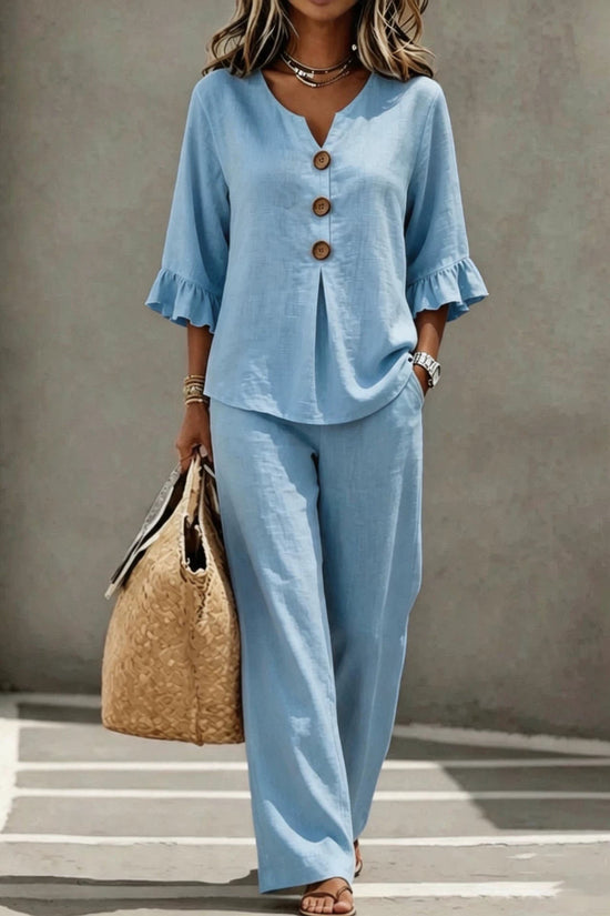 Womens V-neck Ruffle Three-Quarter Sleeve Top And Pants Two-Piece Set 