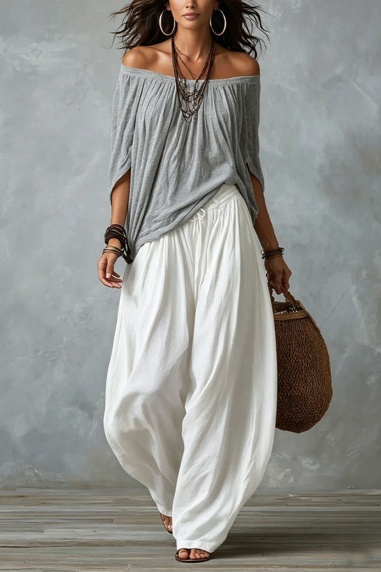 Fashion One-Shoulder T-Shirt with Wide-Leg Pants Set for Women, Elegant Two-Piece Long Sleeve Casual Outfit 
