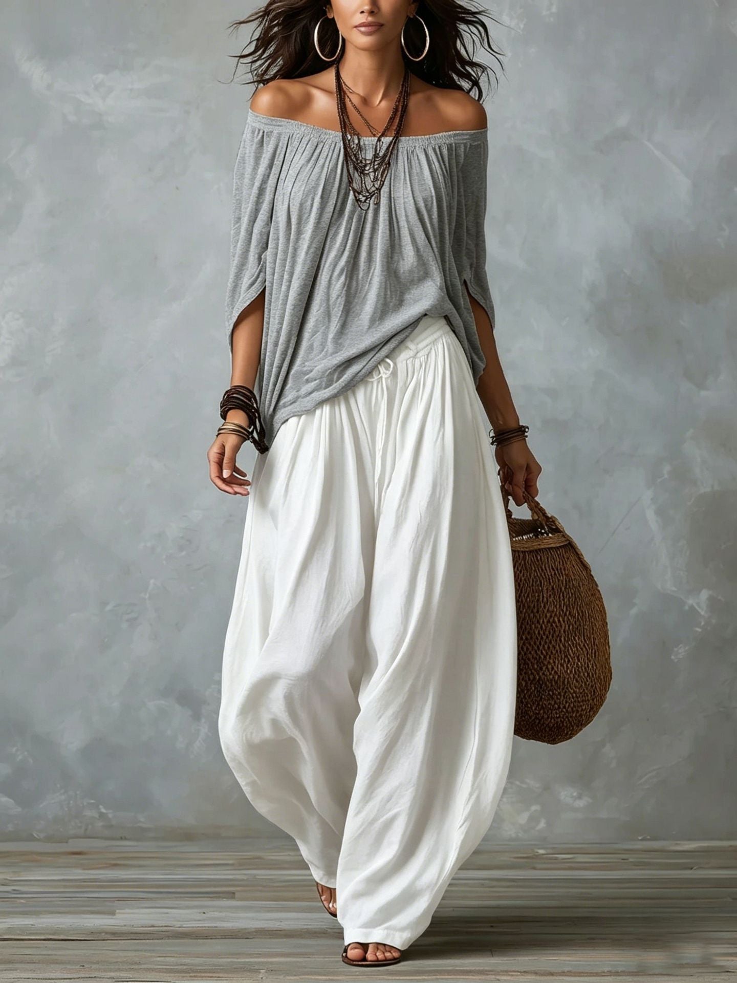 Fashion One-Shoulder T-Shirt with Wide-Leg Pants Set for Women, Elegant Two-Piece Long Sleeve Casual Outfit 