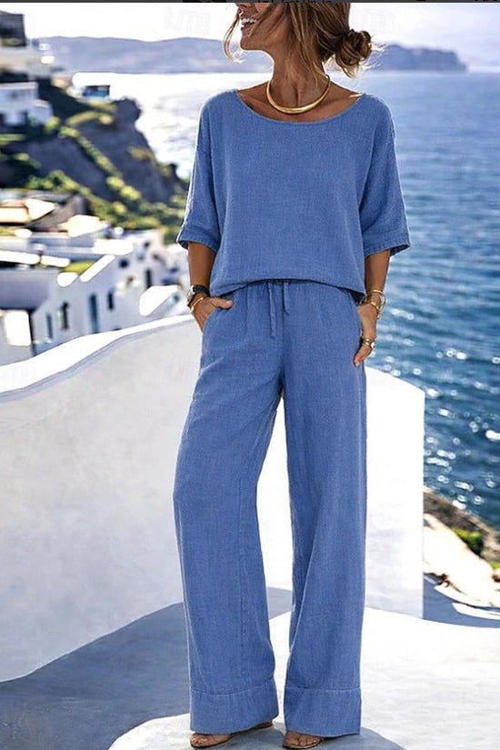 Cotton-Linen Minimalist Elegant Resort Short-Sleeve Pants Set 