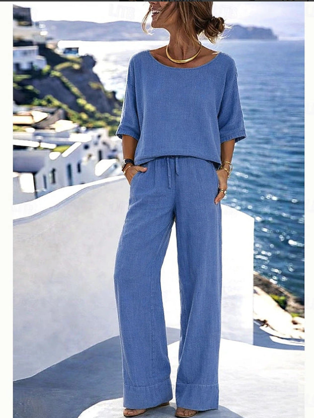 Cotton-Linen Minimalist Elegant Resort Short-Sleeve Pants Set 