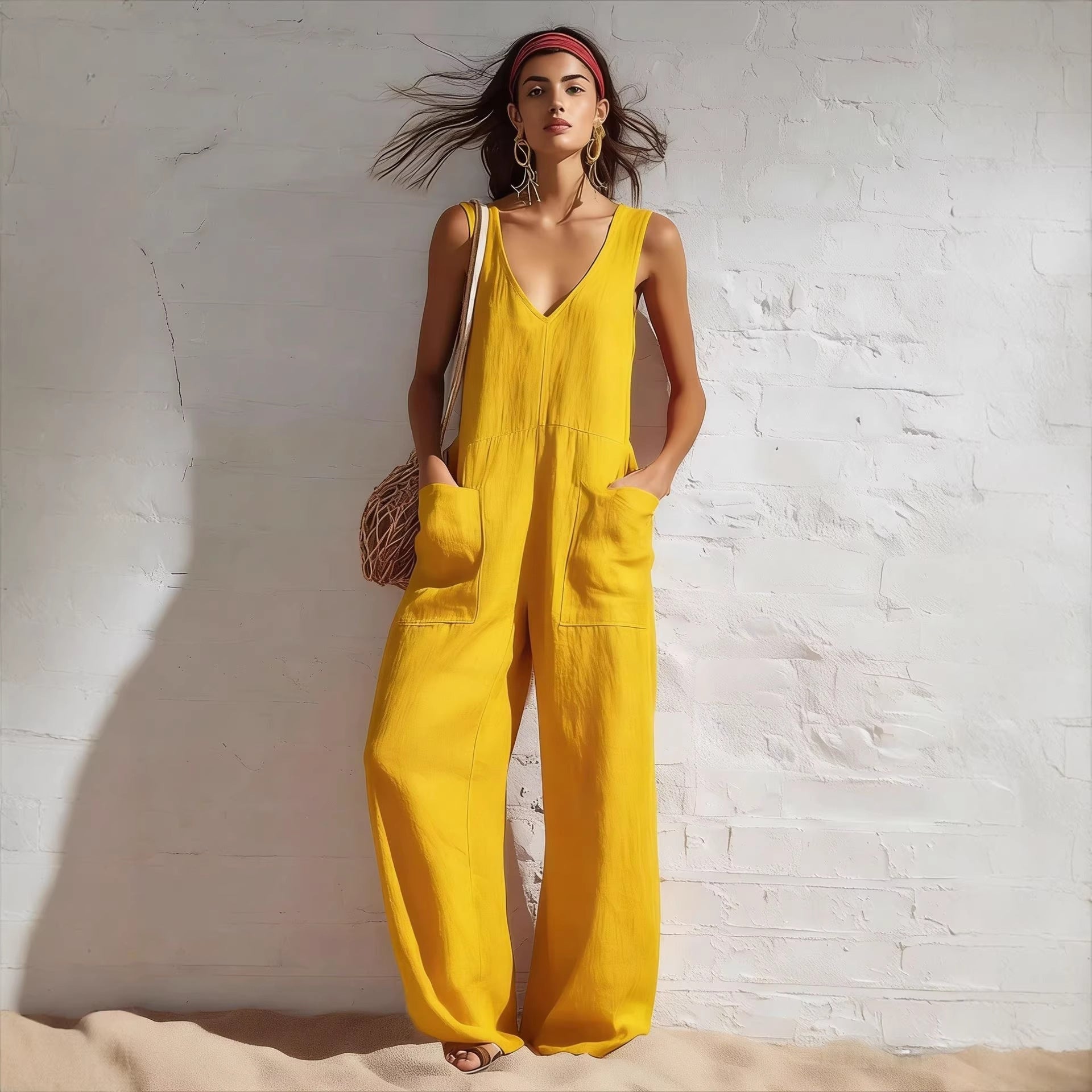 Womens Sleeveless V-Neck Pocketed Casual Jumpsuit 