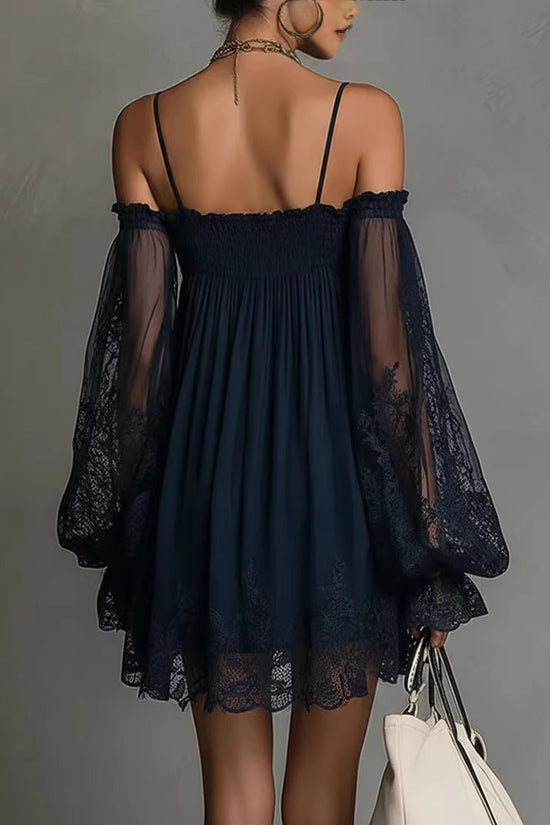Long-sleeve Slip Dress In Solid Color With A Stretchy Boat Neck And Lace Detailing 