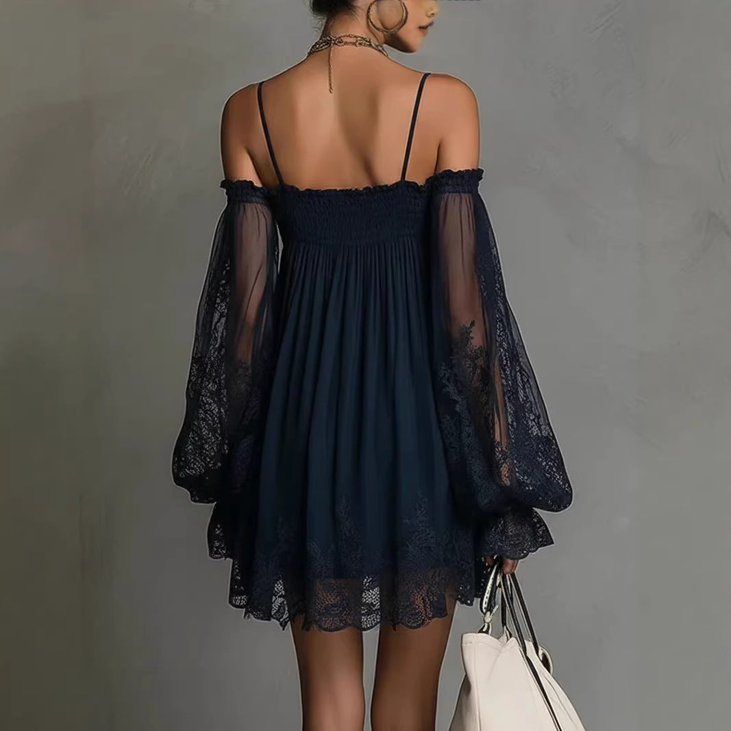 Long-sleeve Slip Dress In Solid Color With A Stretchy Boat Neck And Lace Detailing 