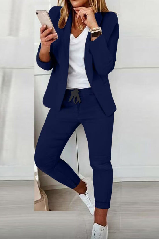 Women’s Notch-Lapel Blazer & Drawstring Pants Suit Set 