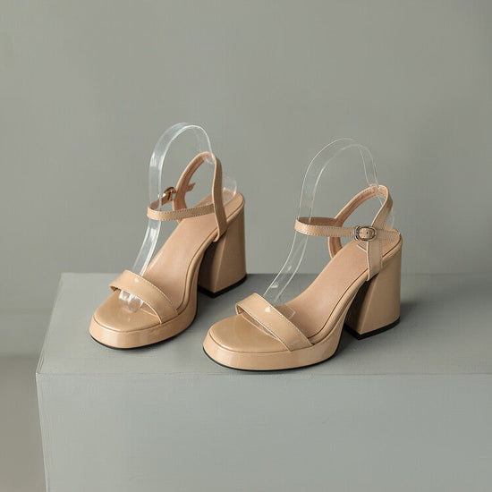 Womens Solid-color Round-toe Chunky-heel Sandals 