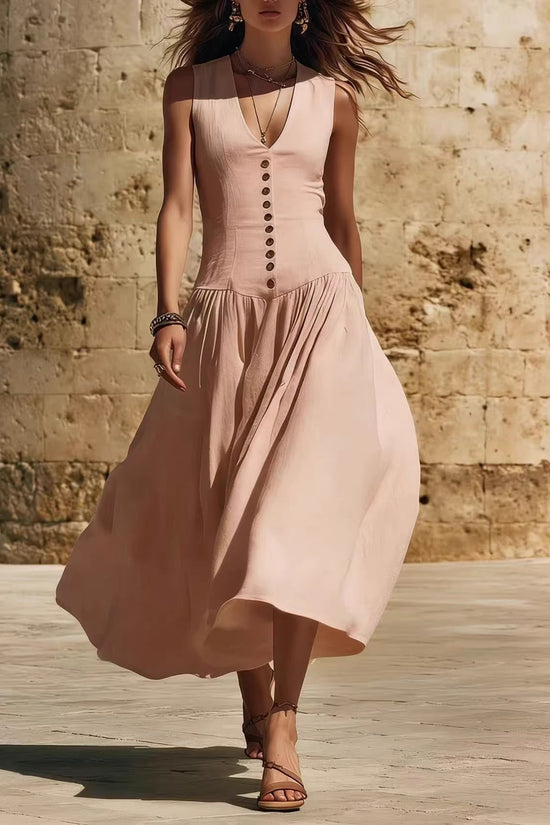 V-Neck Buttoned Chic Elegant Sleeveless Cotton-Linen Dress 