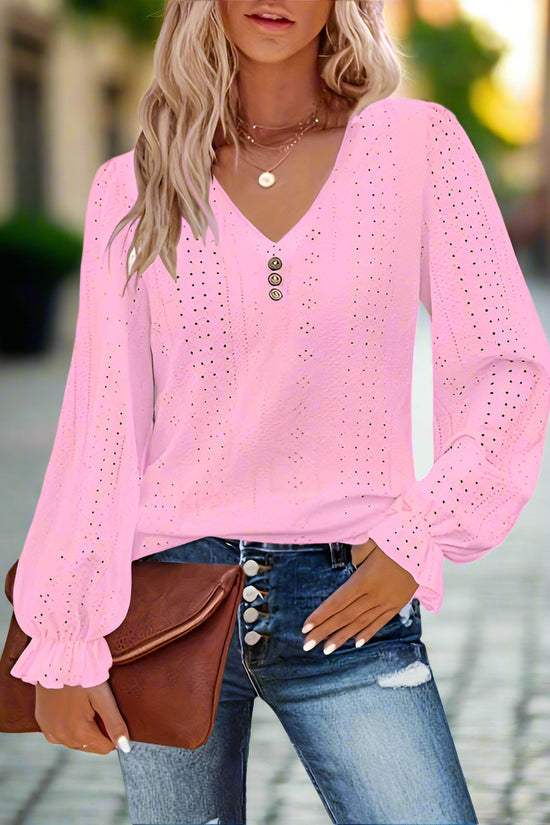 Plus Size Women's V-Neck Solid Top With Button Lantern Sleeves Hollow Out Detail Blouse For Spring&Fall CJ US