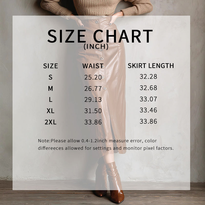 Women's Faux Leather Bodycon Skirt - High Waisted Slim Fit Midi Skirt With Front Slit & Button Decor 