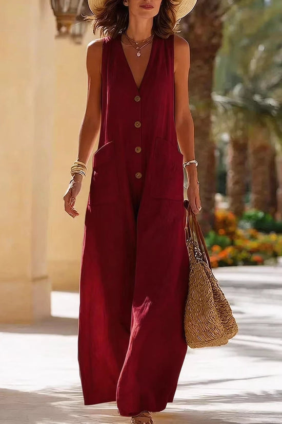 Simple And Comfortable Cotton-Linen Sleeveless Wide-Leg Jumpsuit With Button Pockets 