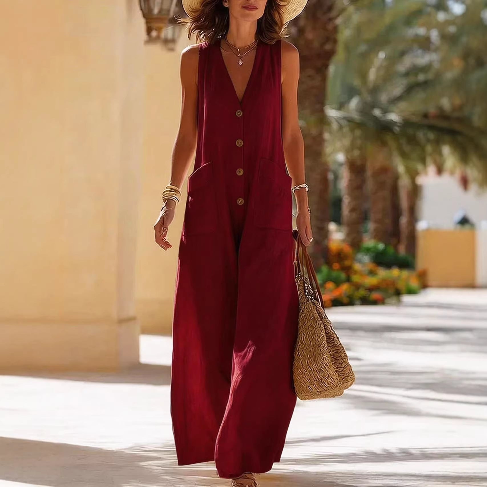 Simple And Comfortable Cotton-Linen Sleeveless Wide-Leg Jumpsuit With Button Pockets 