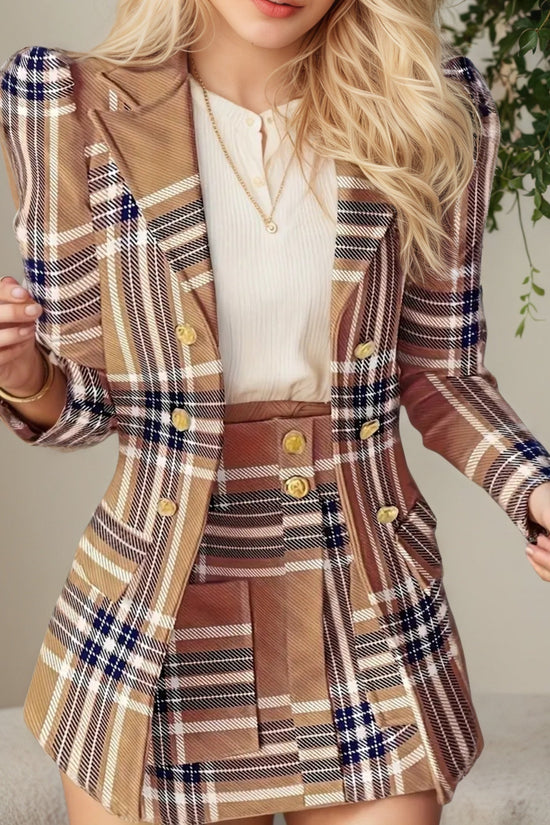 Women's Elegant Set, Double Breasted Long Sleeved Plaid Lapel Jacket&plaid Skirt With Pockets, Double Breasted Closure, Perfect For Work And Formal Occasions - Ideal Gift For Women CJ US