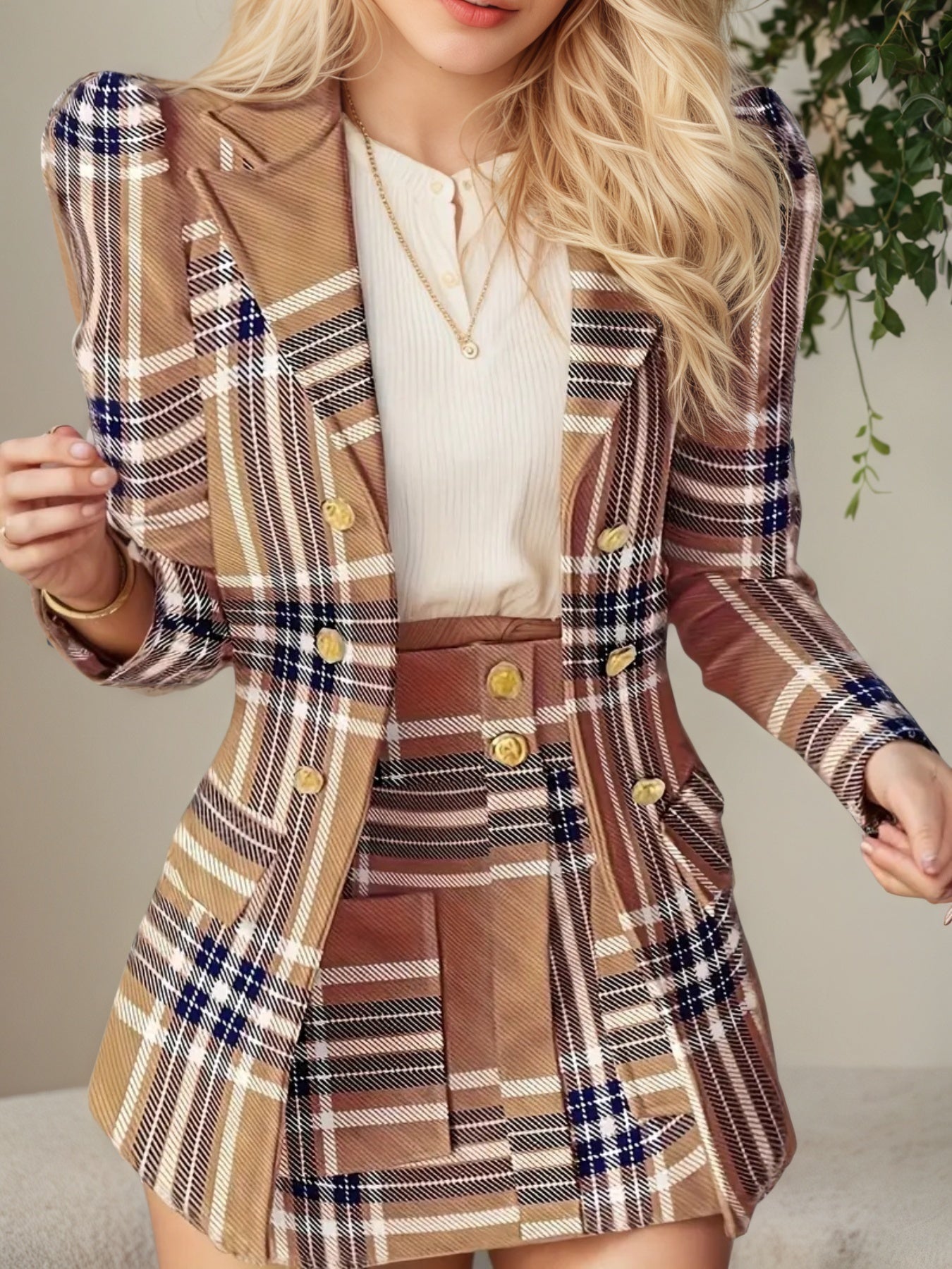 Women's Elegant Set, Double Breasted Long Sleeved Plaid Lapel Jacket&plaid Skirt With Pockets, Double Breasted Closure, Perfect For Work And Formal Occasions - Ideal Gift For Women CJ US