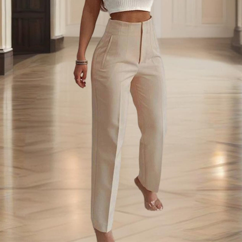 Women's High-Waisted Straight Leg Pants Casual Solid Color Pants With Button & Zipper Detail Comfortable Trousers With Pockets CJ US