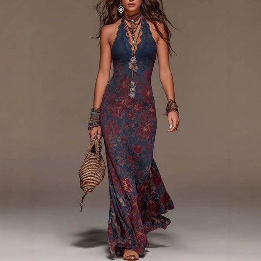 Hanging neck women's lace deep V sleeveless slim fit Bohemian dress 