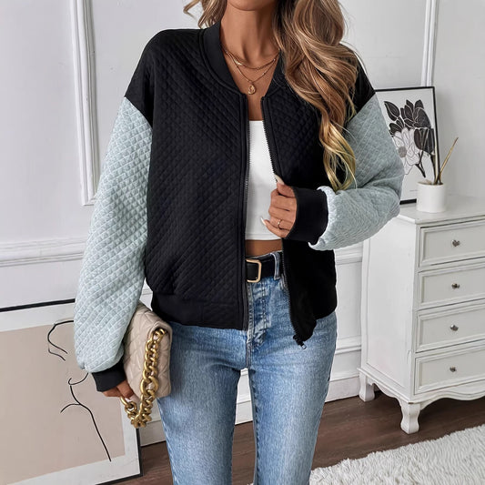 Women's Color Blocked Baseball Collar Casual Long Sleeved Zipper Jacket 