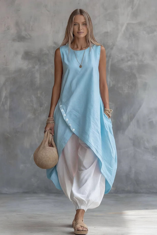 Solid-color Sleeveless Loose-fit Dress With Patch Pockets 