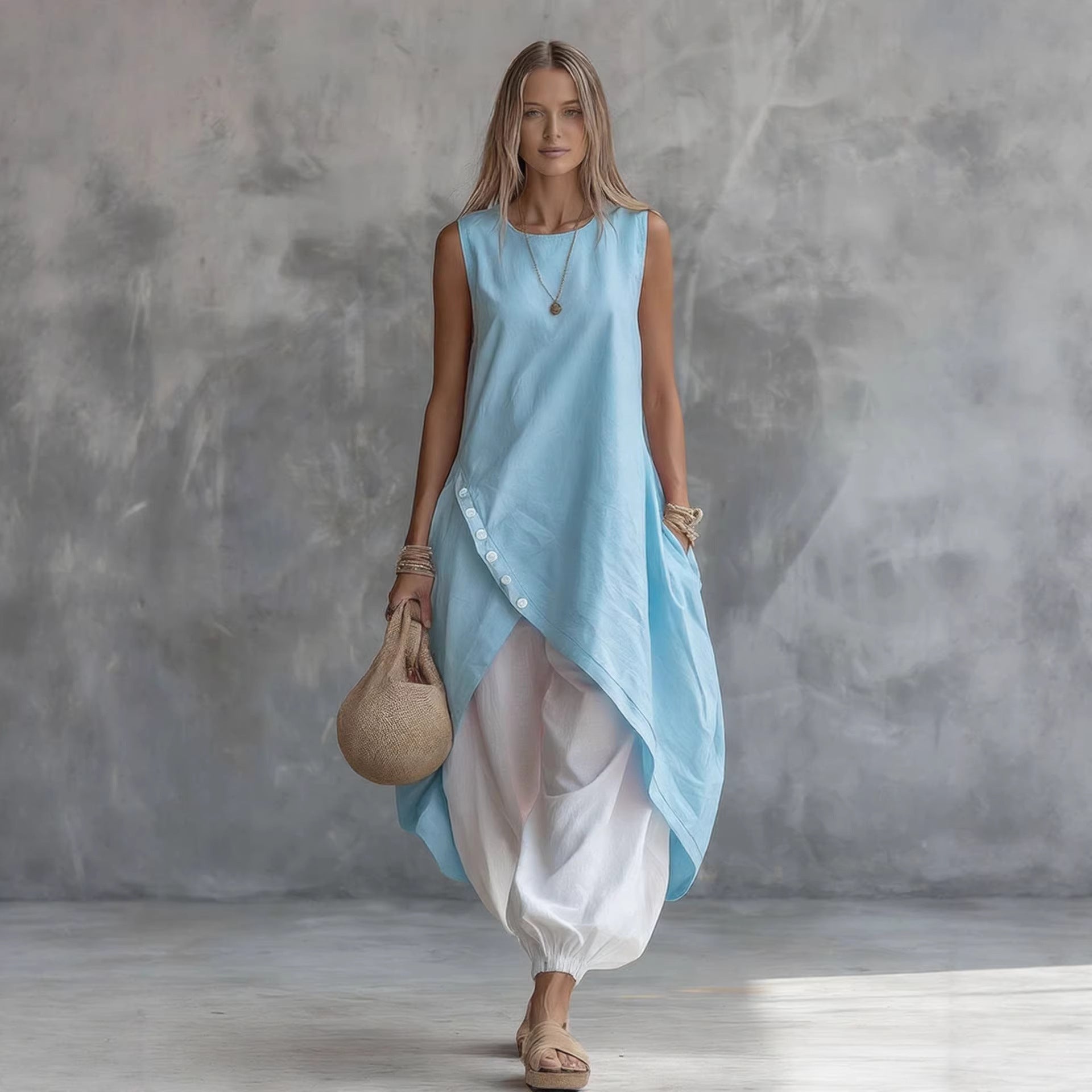 Solid-color Sleeveless Loose-fit Dress With Patch Pockets 