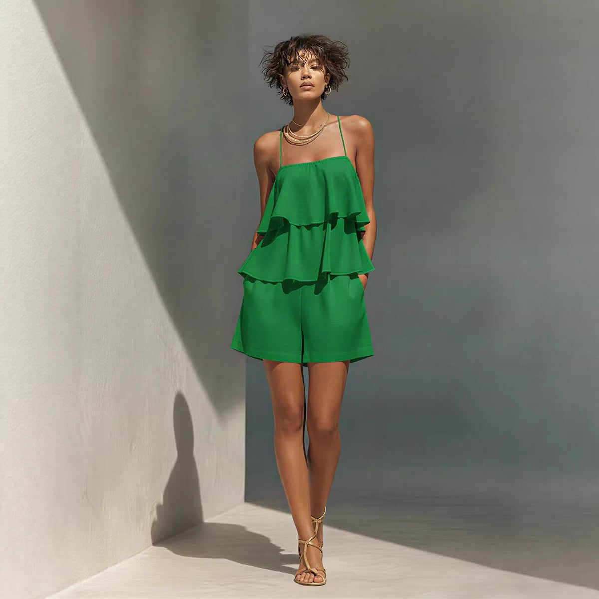 Multi-layer Ruffle Loose Camisole And Shorts Set 